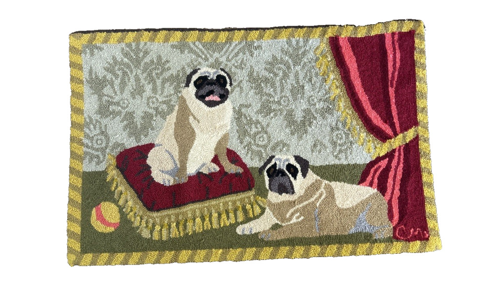 Claire Murray Pug Dogs Hooked Wool Rug Puppy Dog Accent Rug 32” x 21”